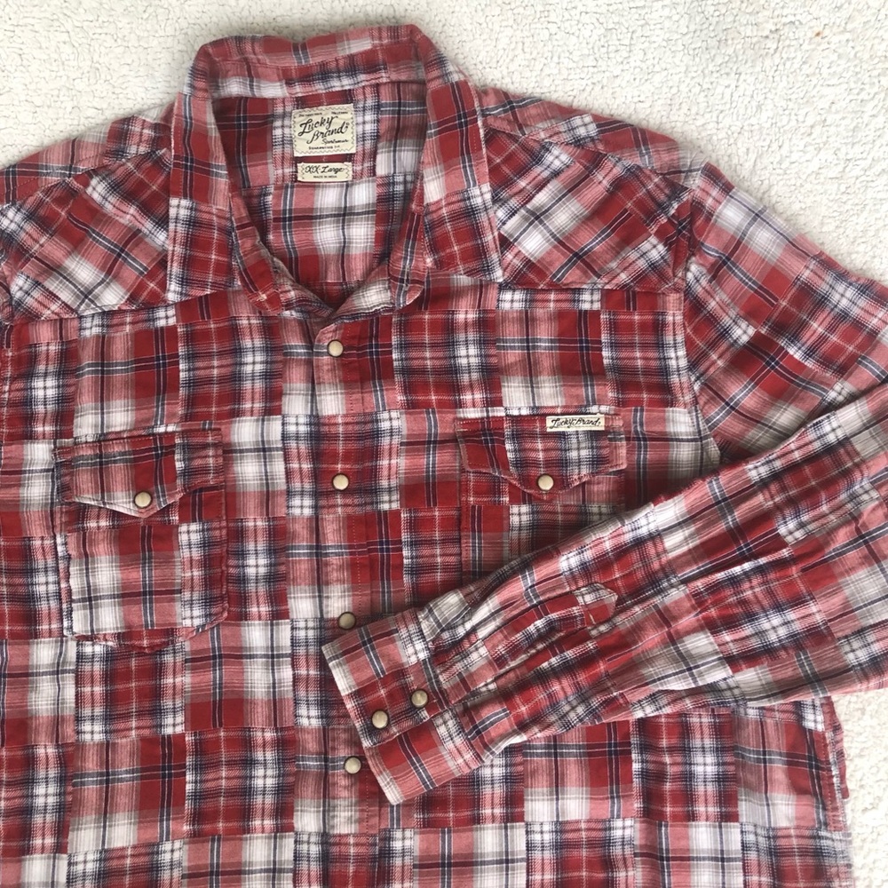 Lucky Brand shirt western style pearl snap buttons madras plaid print men’s XXL